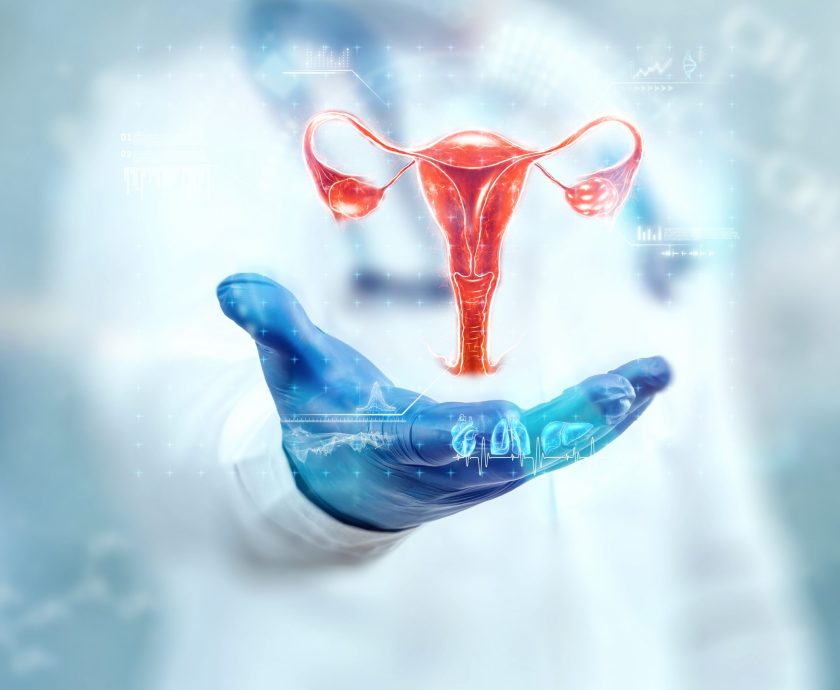 The doctor looks at the hologram of the female uterus, checks the test result. Ovarian disease, ectopic pregnancy, painful periods, surgery, innovative technologies, medicine of the future.